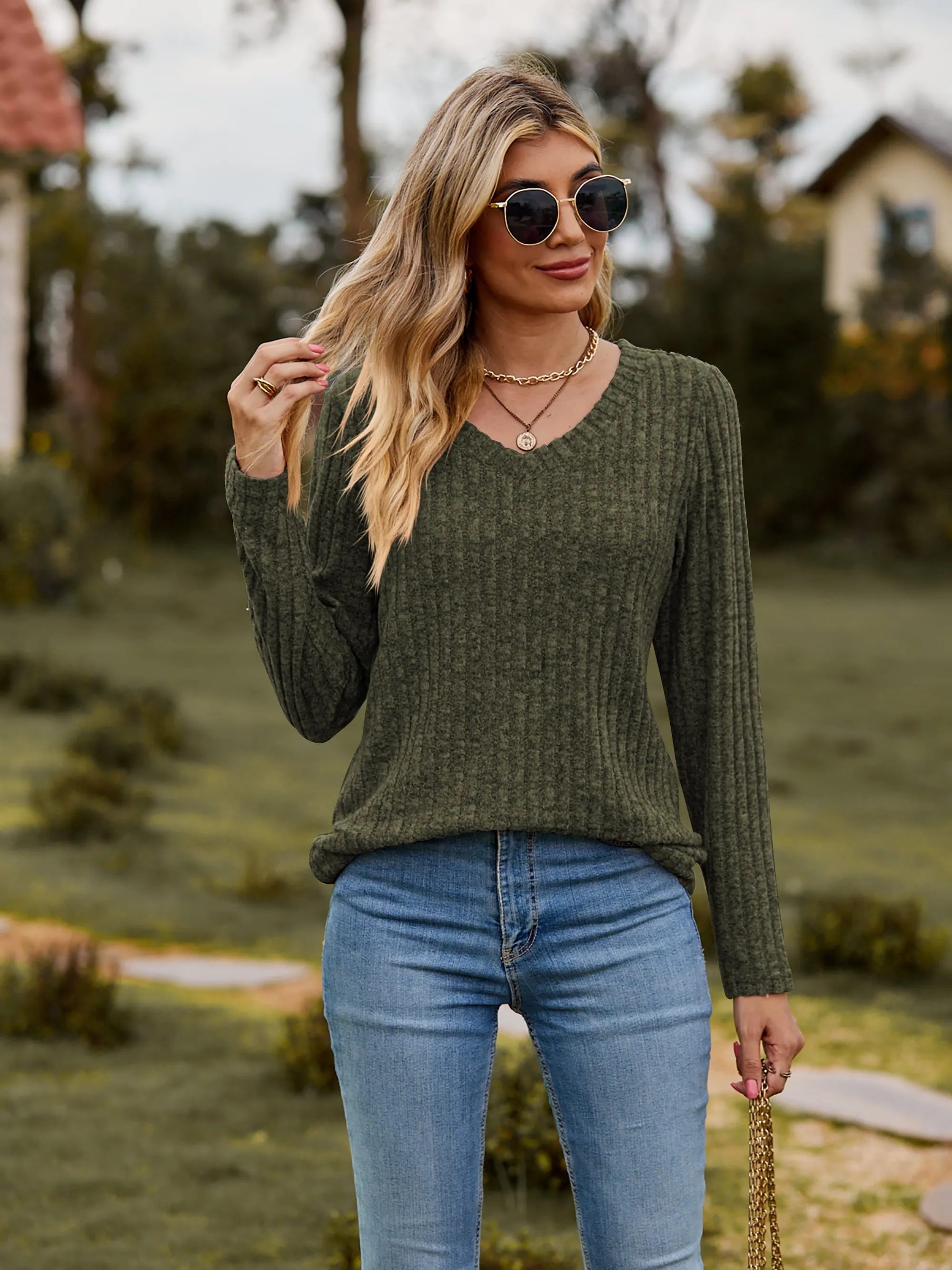 Ribbed V-Neck Long Sleeve Tee (7 Colors)