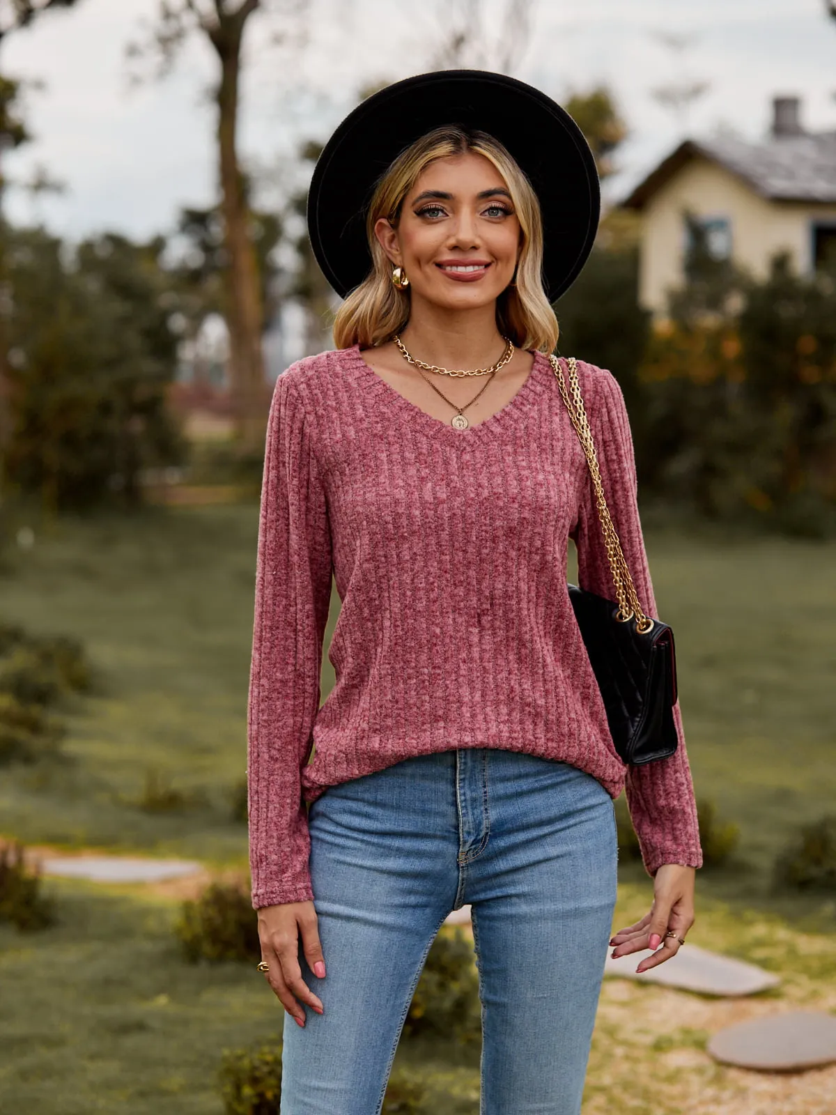 Ribbed V-Neck Long Sleeve Tee (7 Colors)