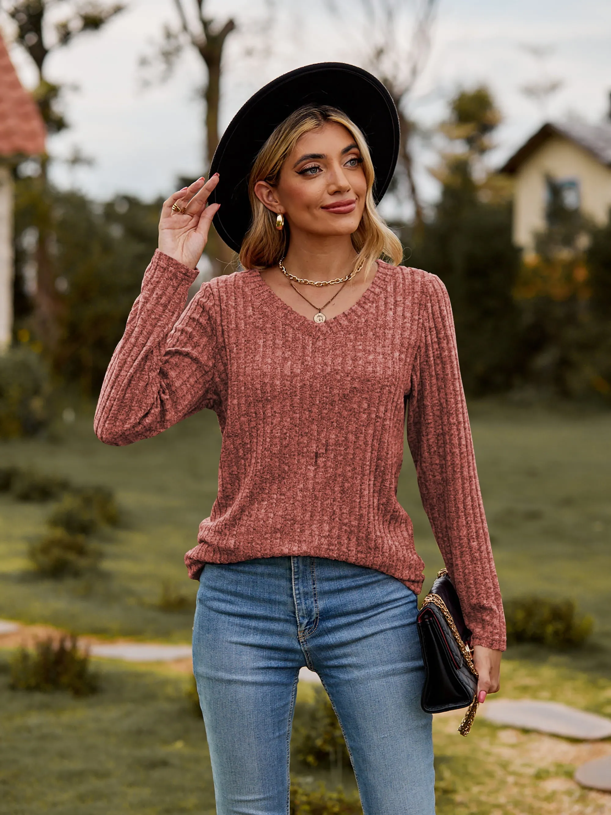 Ribbed V-Neck Long Sleeve Tee (7 Colors)