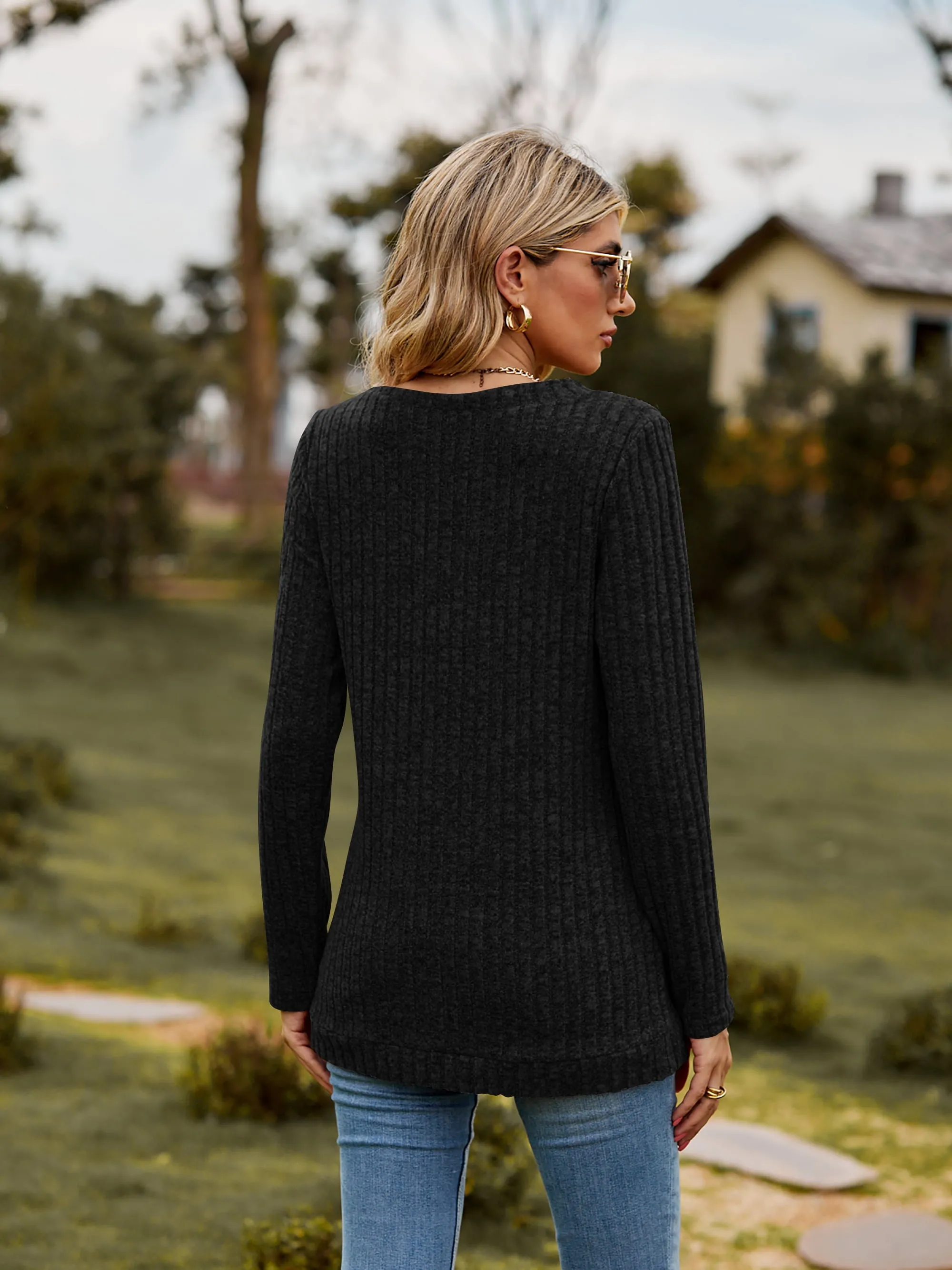 Ribbed V-Neck Long Sleeve Tee (7 Colors)