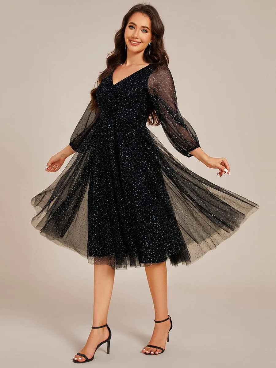 Robe de mariée mi-longue à manches longues et col en V scintillante