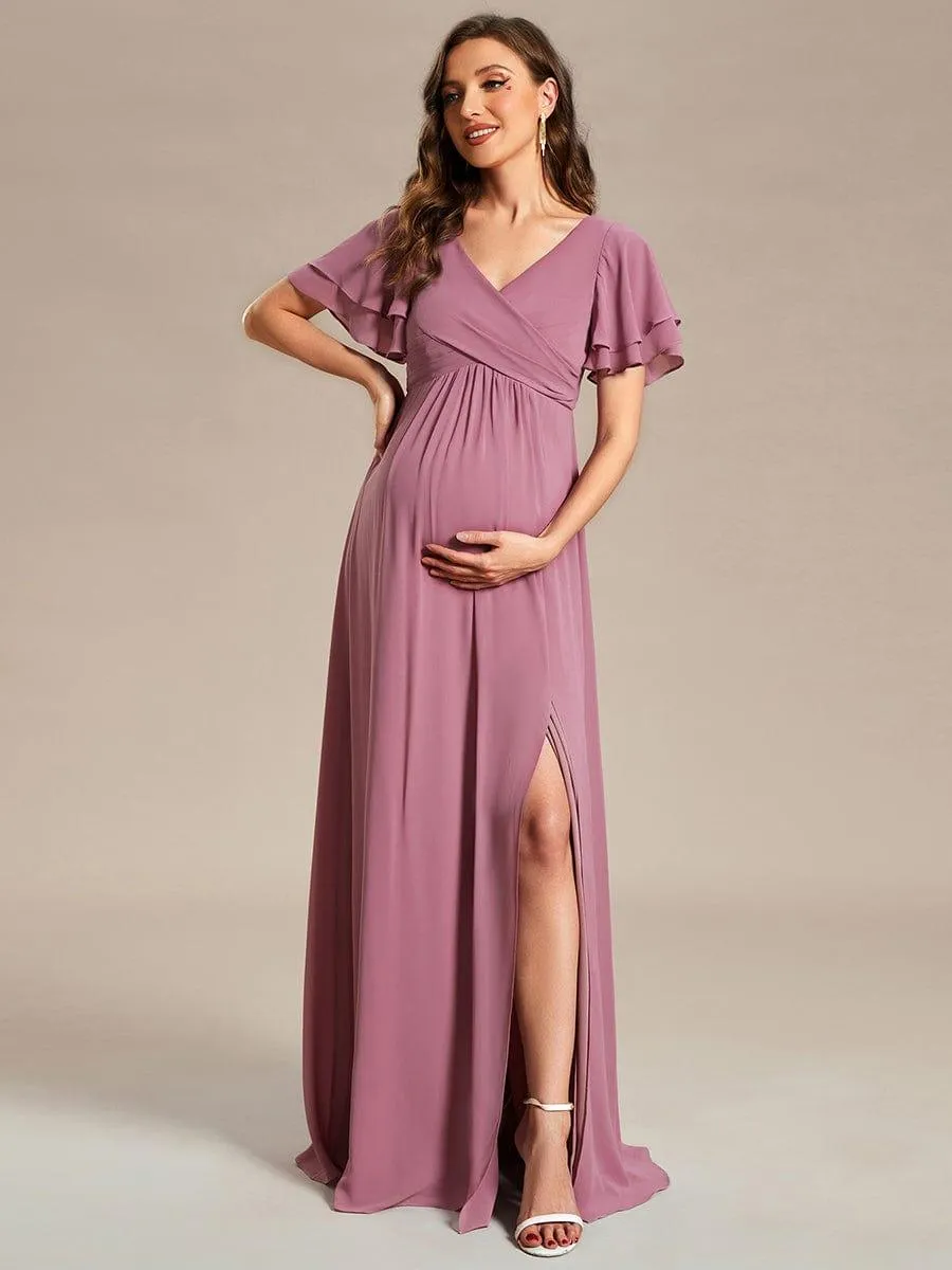 Robe de maternité en mousseline plissée à manches volantées