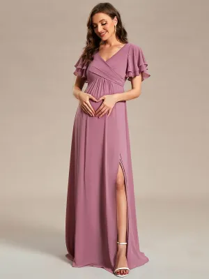 Robe de maternité en mousseline plissée à manches volantées
