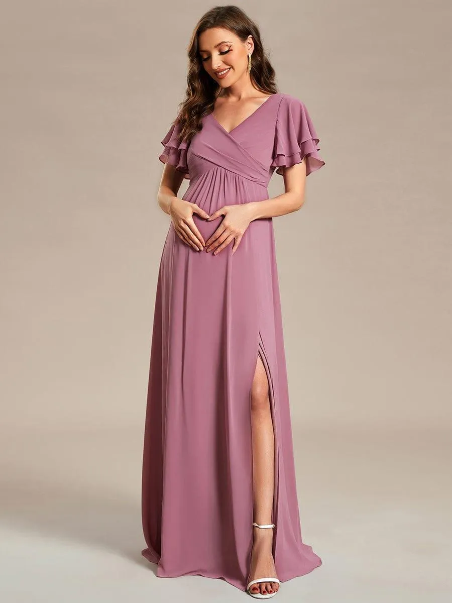 Robe de maternité en mousseline plissée à manches volantées
