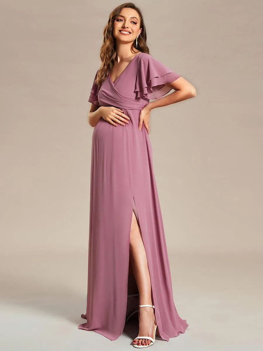Robe de maternité en mousseline plissée à manches volantées