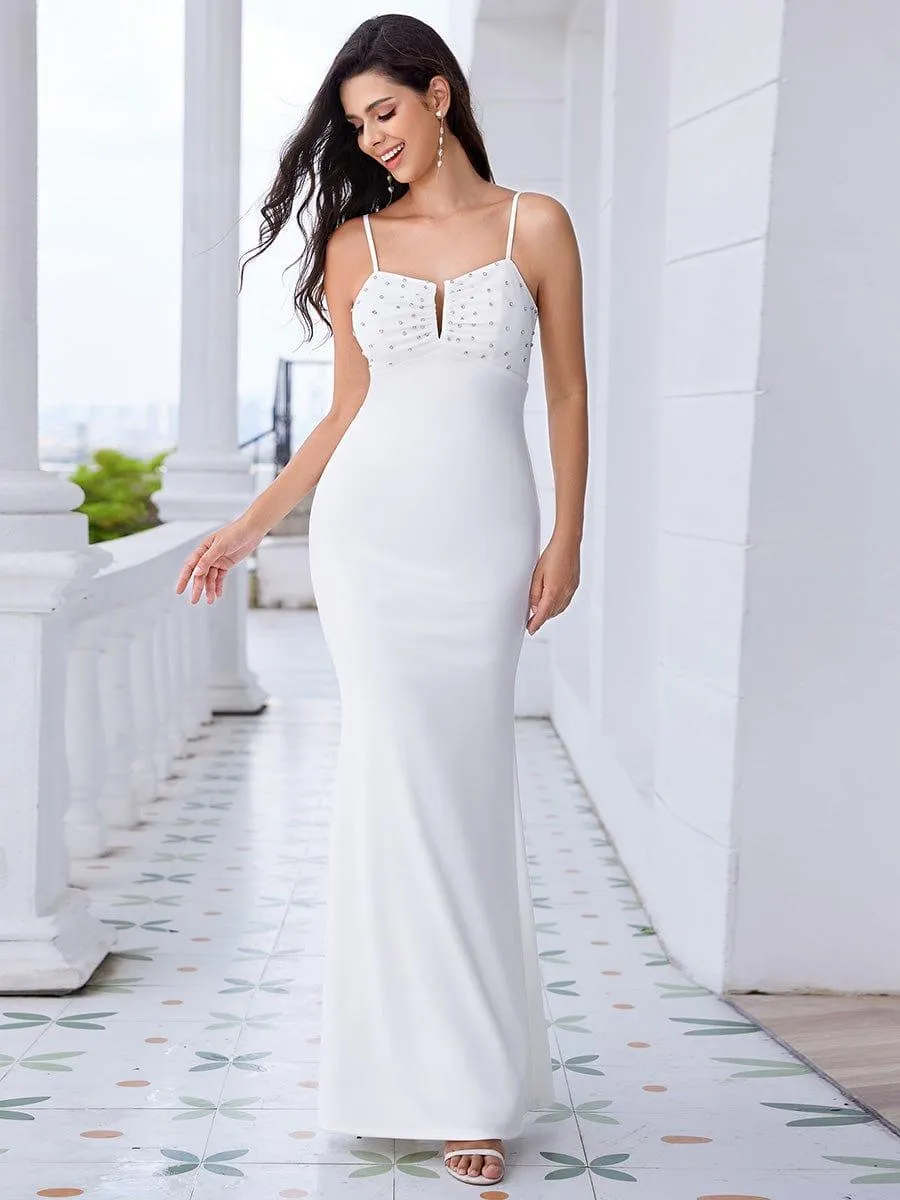 Robe de soirée élégante moulante à bretelles spaghetti et perles