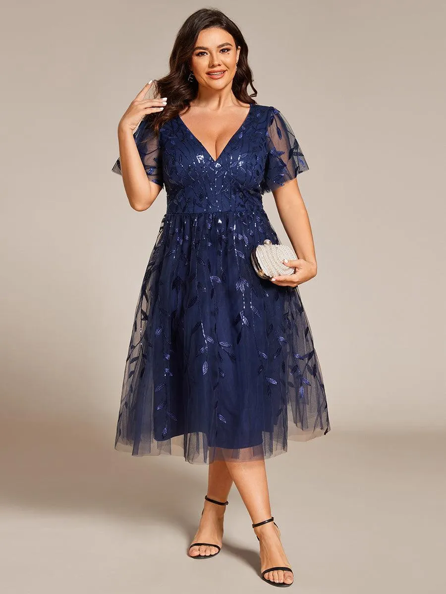 Robe d'invité de mariage formelle en tulle mi-longue scintillante de grande taille avec paillettes de feuilles