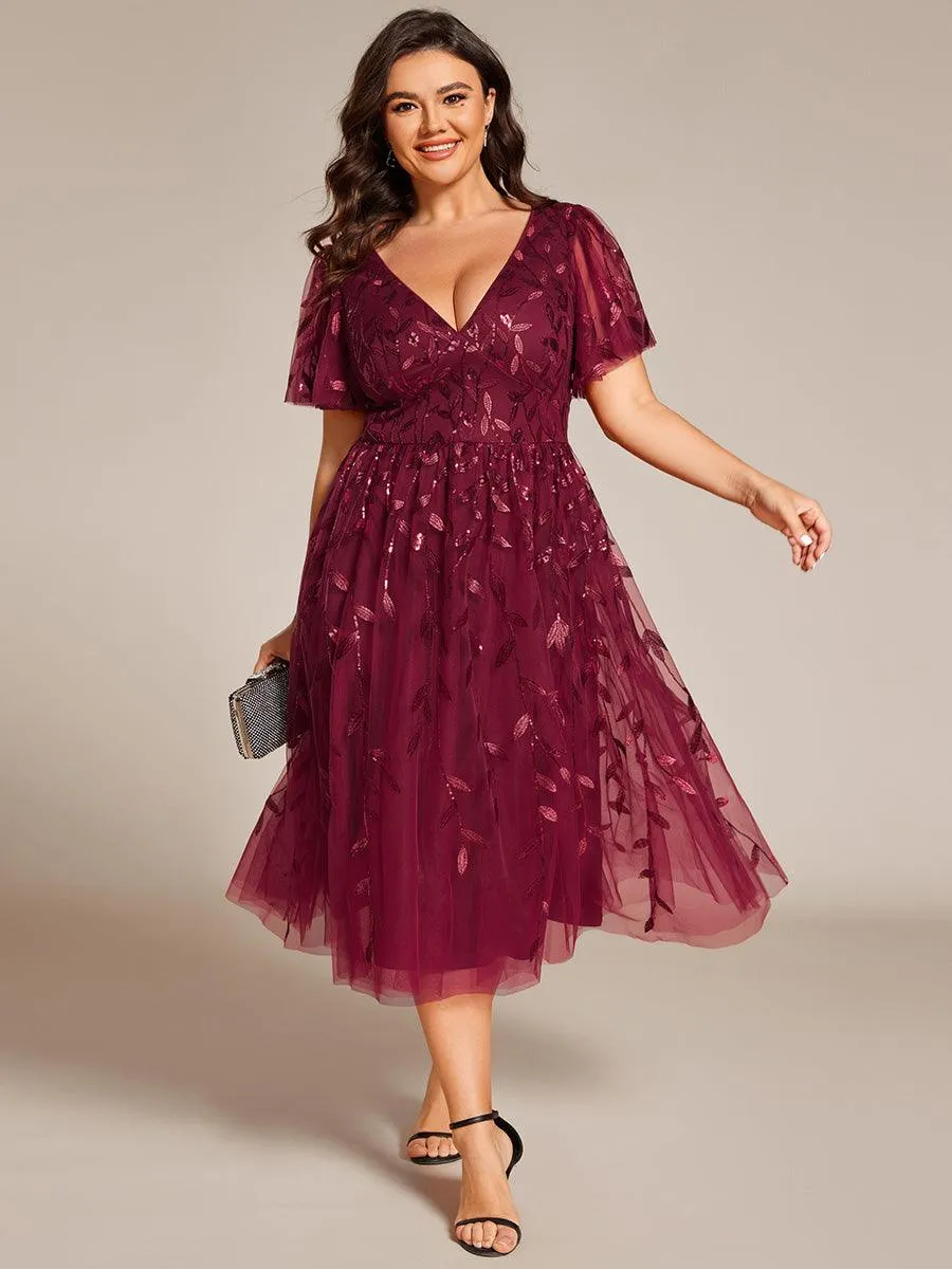 Robe d'invité de mariage formelle en tulle mi-longue scintillante de grande taille avec paillettes de feuilles