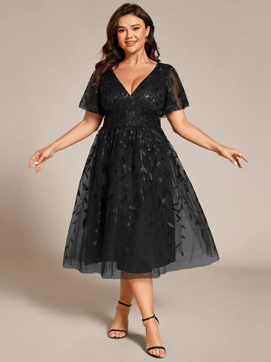 Robe d'invité de mariage formelle en tulle mi-longue scintillante de grande taille avec paillettes de feuilles
