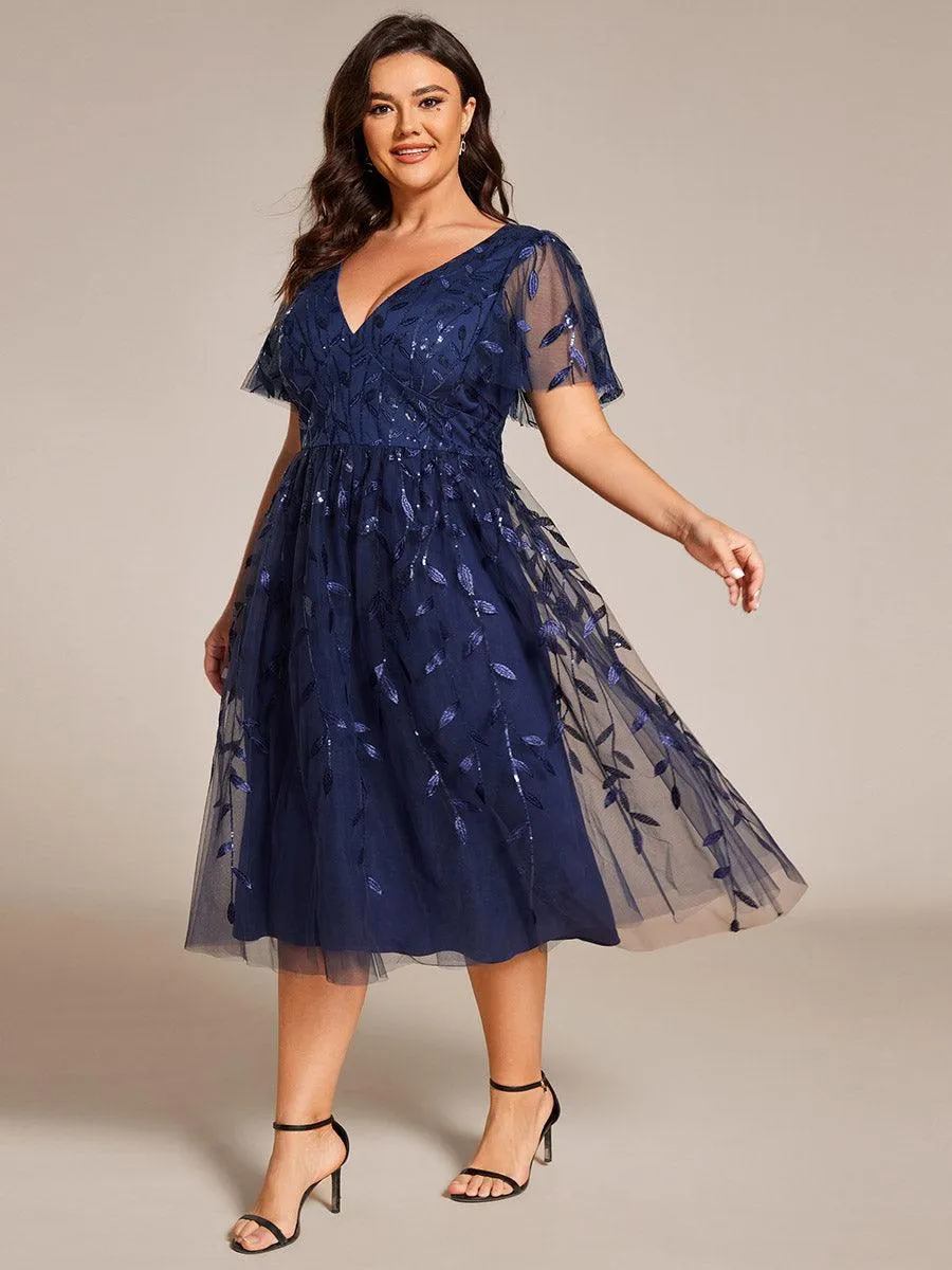 Robe d'invité de mariage formelle en tulle mi-longue scintillante de grande taille avec paillettes de feuilles