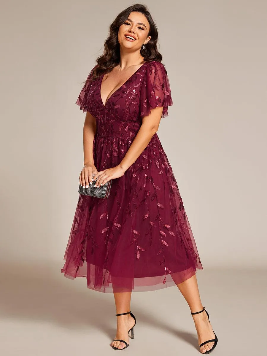 Robe d'invité de mariage formelle en tulle mi-longue scintillante de grande taille avec paillettes de feuilles