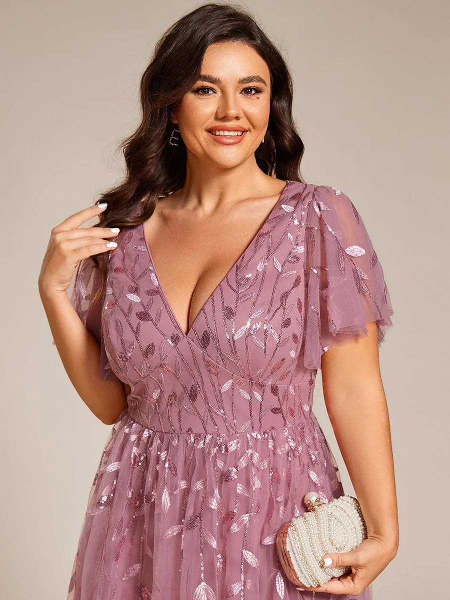 Robe d'invité de mariage formelle en tulle mi-longue scintillante de grande taille avec paillettes de feuilles