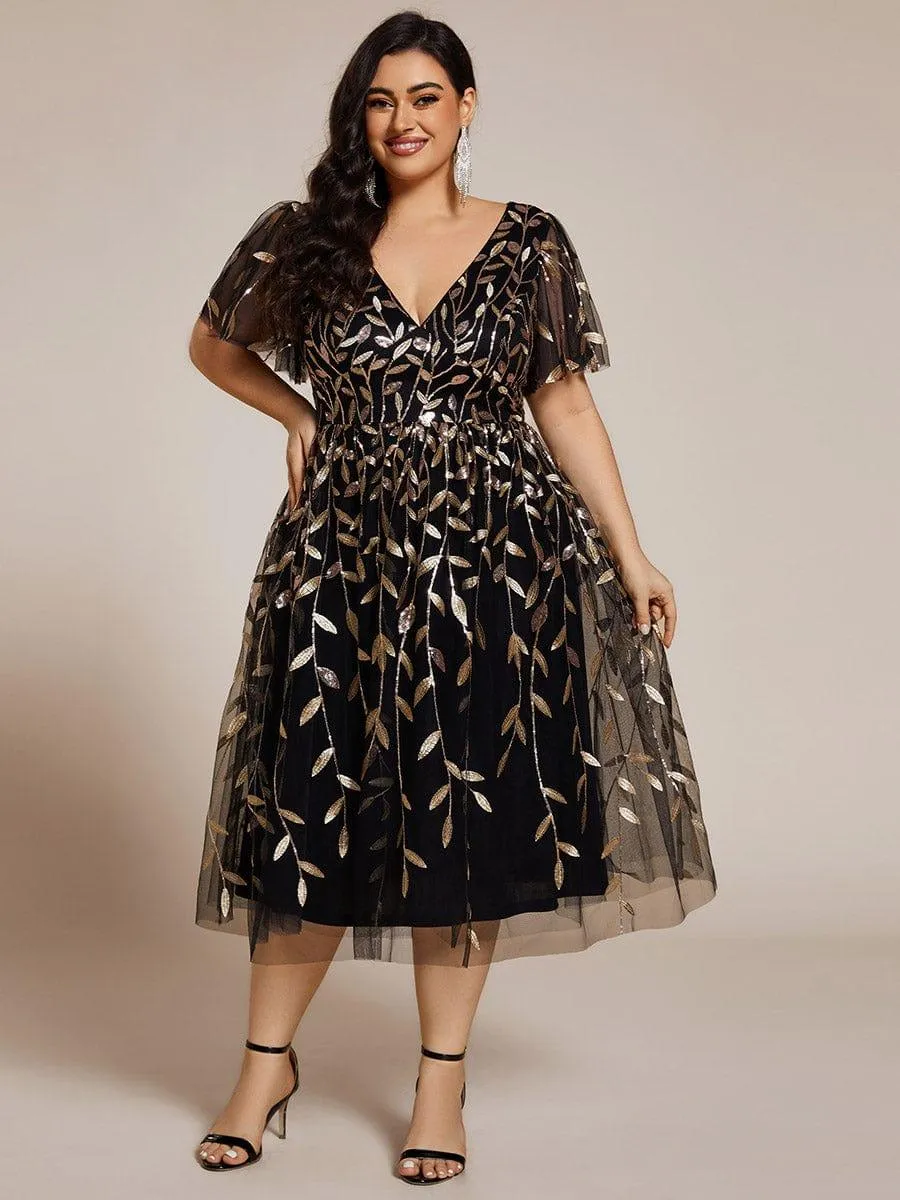 Robe d'invité de mariage formelle en tulle mi-longue scintillante de grande taille avec paillettes de feuilles
