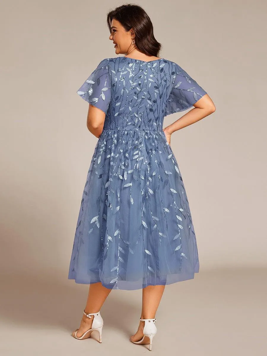 Robe d'invité de mariage formelle en tulle mi-longue scintillante de grande taille avec paillettes de feuilles
