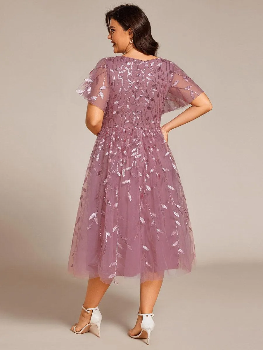 Robe d'invité de mariage formelle en tulle mi-longue scintillante de grande taille avec paillettes de feuilles