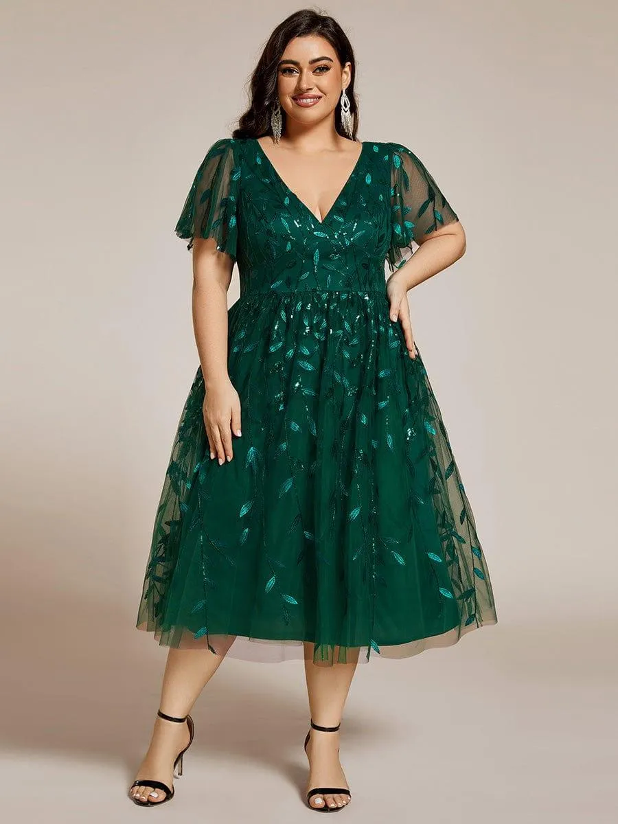 Robe d'invité de mariage formelle en tulle mi-longue scintillante de grande taille avec paillettes de feuilles