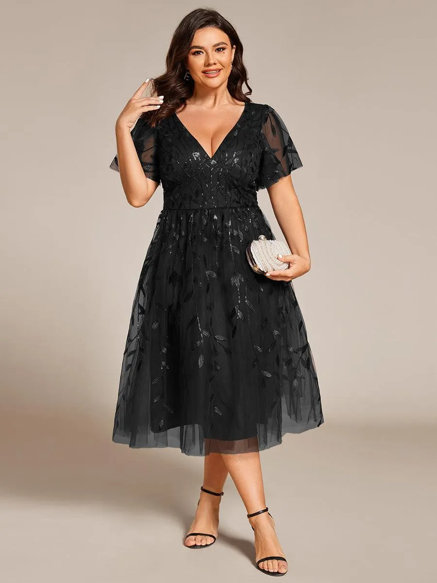 Robe d'invité de mariage formelle en tulle mi-longue scintillante de grande taille avec paillettes de feuilles