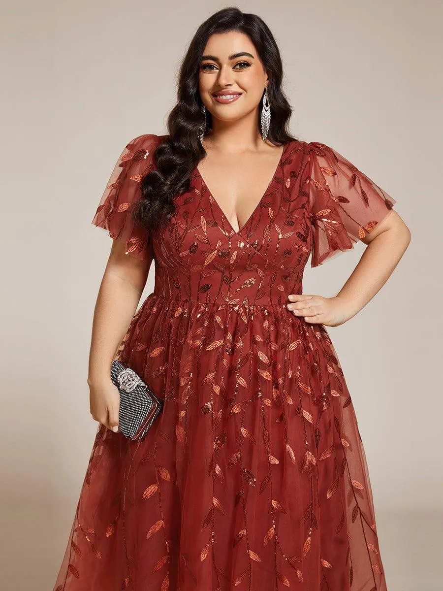 Robe d'invité de mariage formelle en tulle mi-longue scintillante de grande taille avec paillettes de feuilles