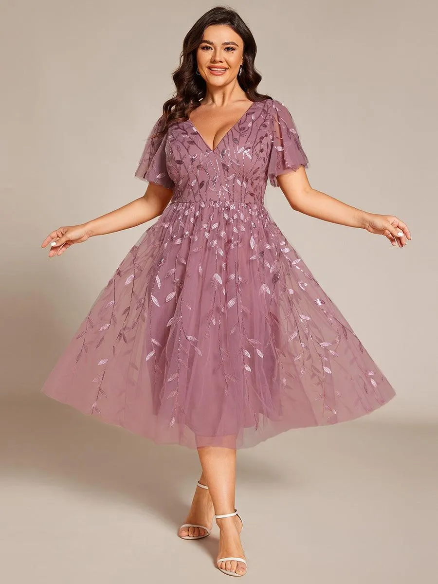 Robe d'invité de mariage formelle en tulle mi-longue scintillante de grande taille avec paillettes de feuilles