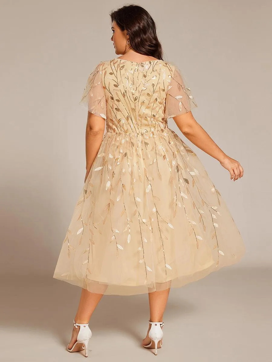 Robe d'invité de mariage formelle en tulle mi-longue scintillante de grande taille avec paillettes de feuilles
