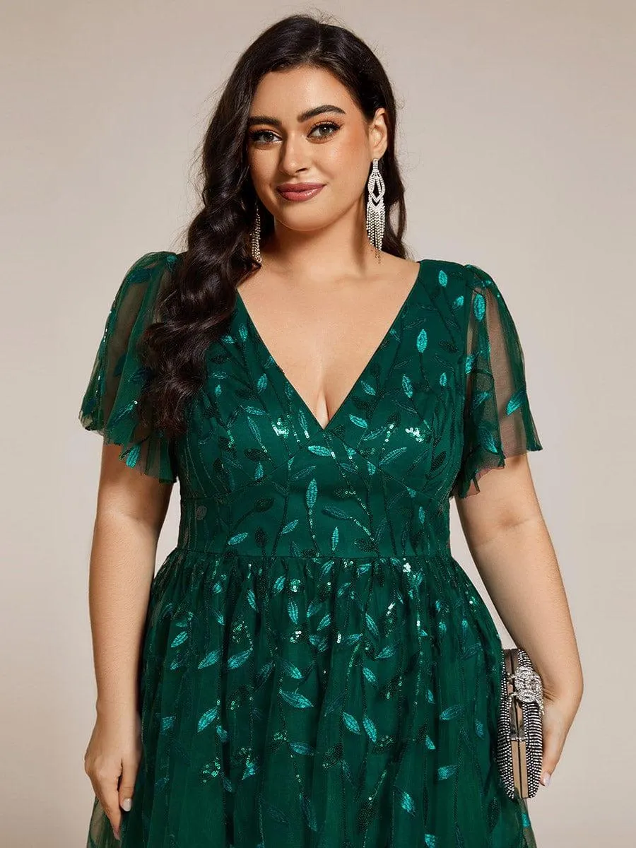 Robe d'invité de mariage formelle en tulle mi-longue scintillante de grande taille avec paillettes de feuilles