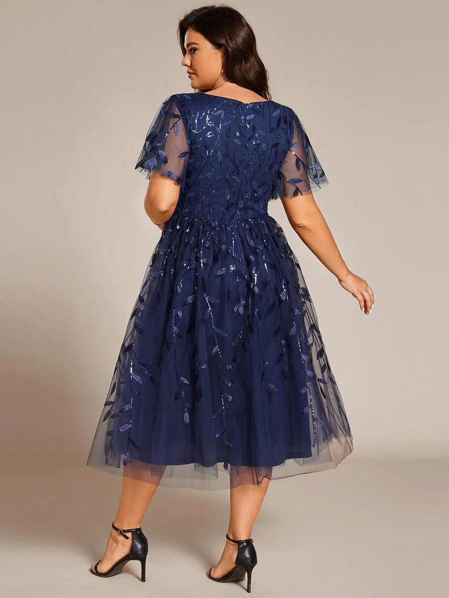 Robe d'invité de mariage formelle en tulle mi-longue scintillante de grande taille avec paillettes de feuilles
