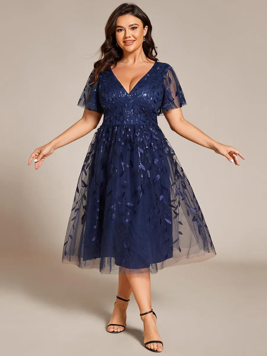 Robe d'invité de mariage formelle en tulle mi-longue scintillante de grande taille avec paillettes de feuilles