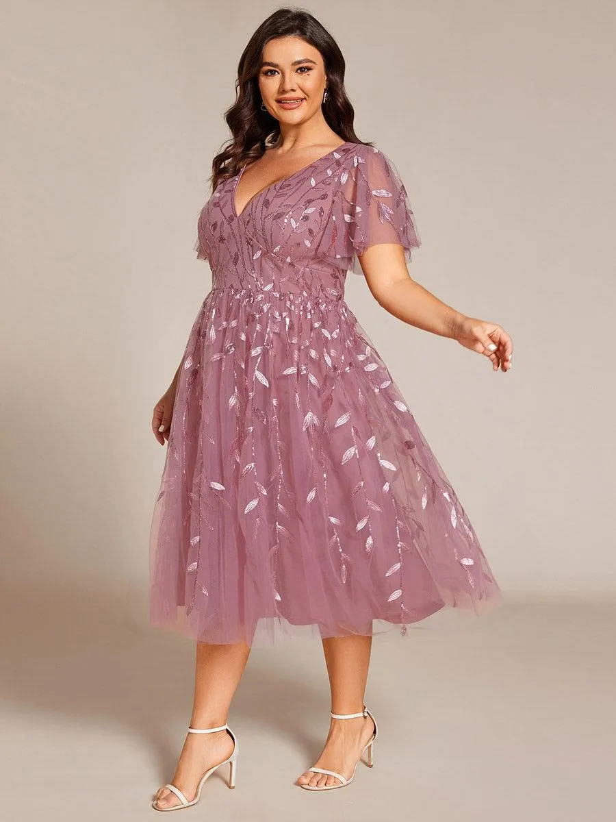 Robe d'invité de mariage formelle en tulle mi-longue scintillante de grande taille avec paillettes de feuilles