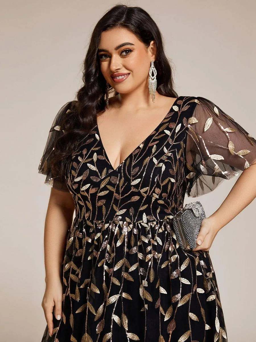 Robe d'invité de mariage formelle en tulle mi-longue scintillante de grande taille avec paillettes de feuilles