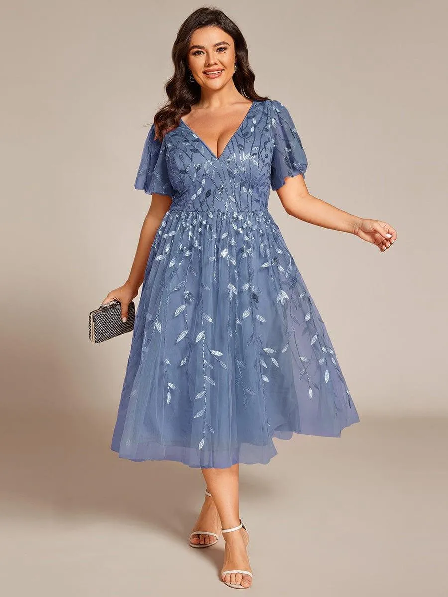 Robe d'invité de mariage formelle en tulle mi-longue scintillante de grande taille avec paillettes de feuilles