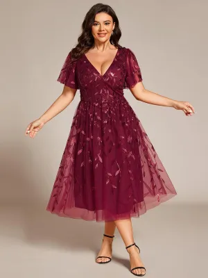Robe d'invité de mariage formelle en tulle mi-longue scintillante de grande taille avec paillettes de feuilles