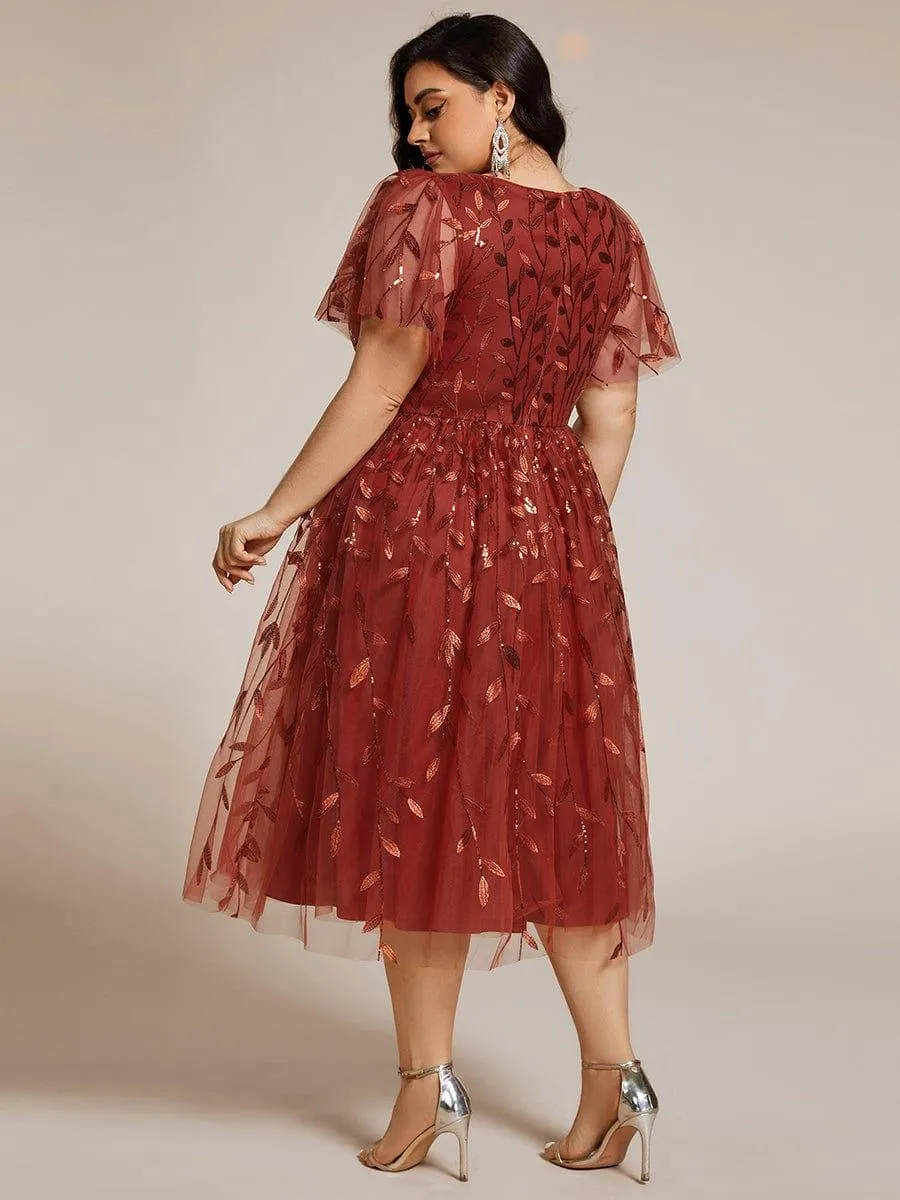Robe d'invité de mariage formelle en tulle mi-longue scintillante de grande taille avec paillettes de feuilles