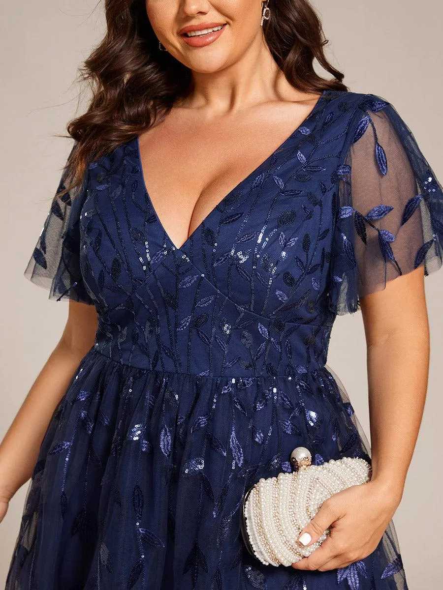 Robe d'invité de mariage formelle en tulle mi-longue scintillante de grande taille avec paillettes de feuilles