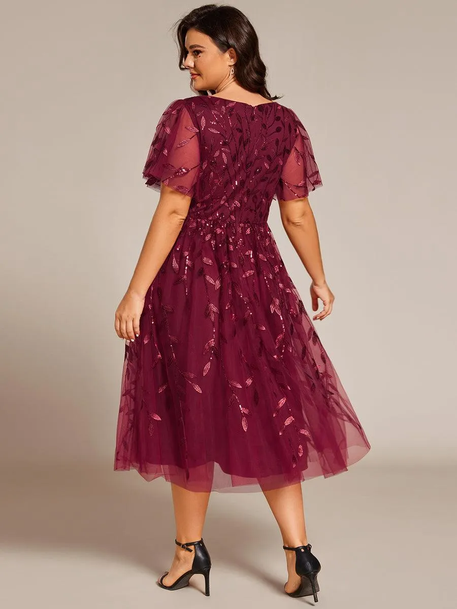 Robe d'invité de mariage formelle en tulle mi-longue scintillante de grande taille avec paillettes de feuilles