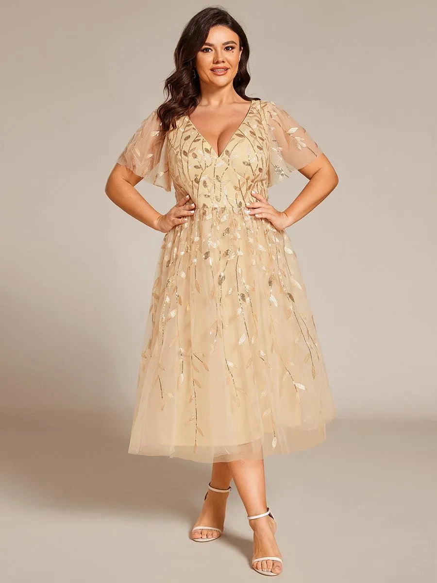 Robe d'invité de mariage formelle en tulle mi-longue scintillante de grande taille avec paillettes de feuilles