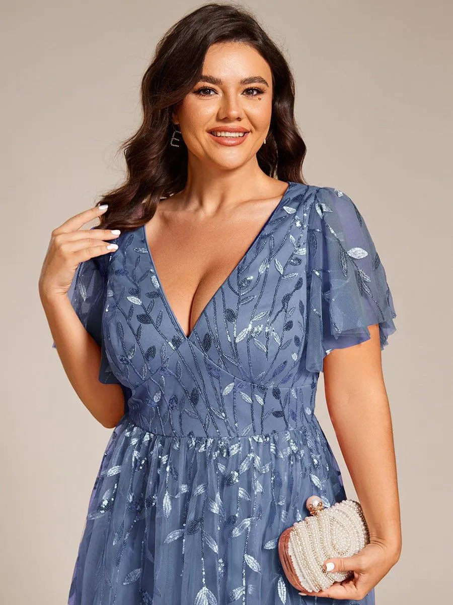 Robe d'invité de mariage formelle en tulle mi-longue scintillante de grande taille avec paillettes de feuilles