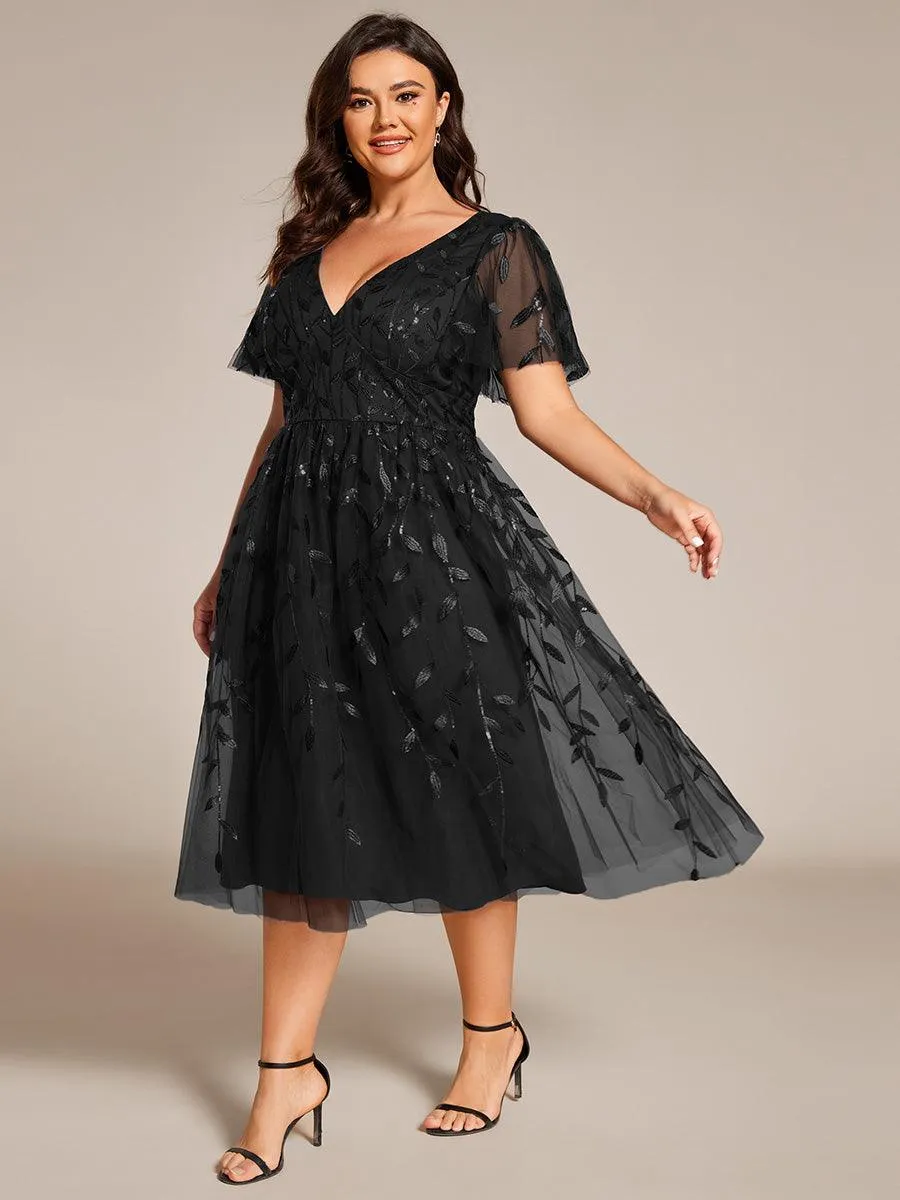 Robe d'invité de mariage formelle en tulle mi-longue scintillante de grande taille avec paillettes de feuilles