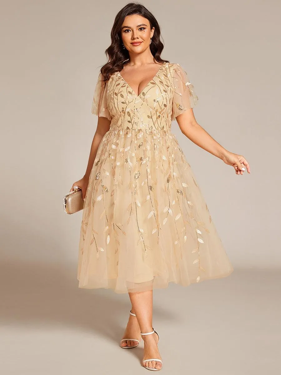 Robe d'invité de mariage formelle en tulle mi-longue scintillante de grande taille avec paillettes de feuilles