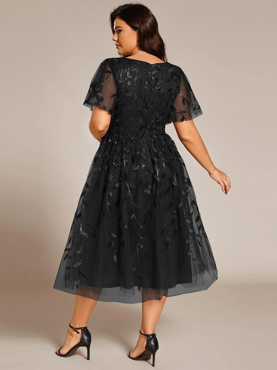 Robe d'invité de mariage formelle en tulle mi-longue scintillante de grande taille avec paillettes de feuilles