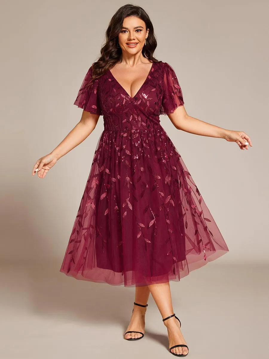 Robe d'invité de mariage formelle en tulle mi-longue scintillante de grande taille avec paillettes de feuilles