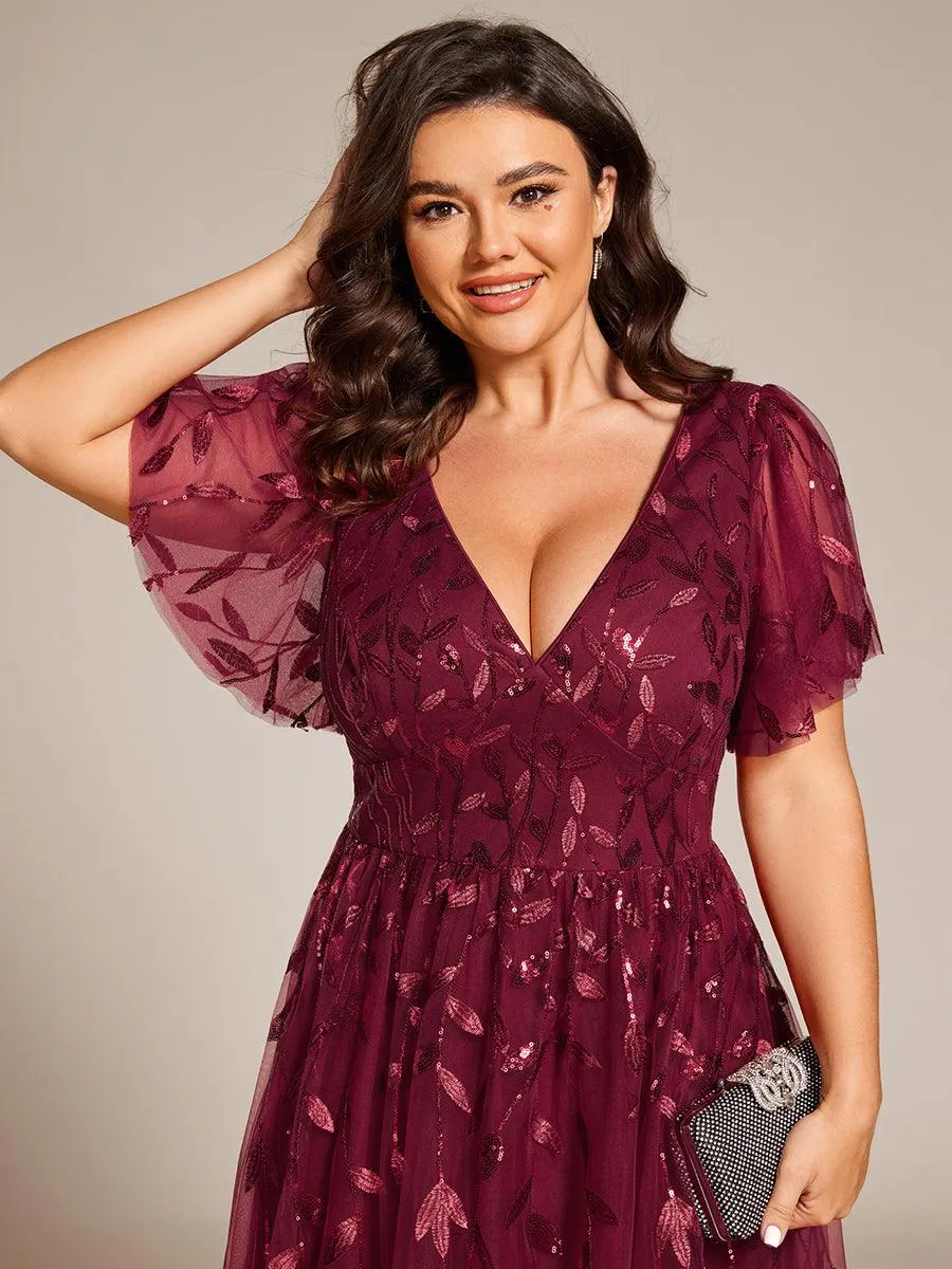 Robe d'invité de mariage formelle en tulle mi-longue scintillante de grande taille avec paillettes de feuilles