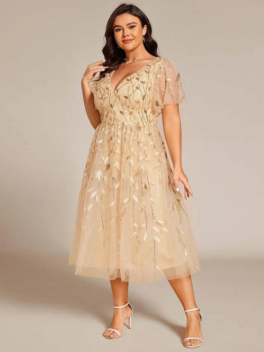 Robe d'invité de mariage formelle en tulle mi-longue scintillante de grande taille avec paillettes de feuilles