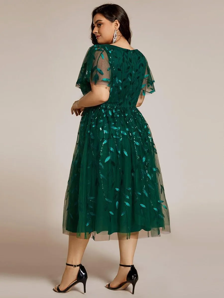 Robe d'invité de mariage formelle en tulle mi-longue scintillante de grande taille avec paillettes de feuilles