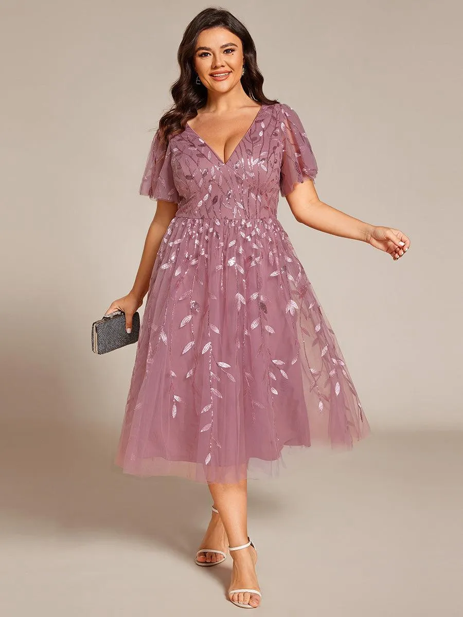 Robe d'invité de mariage formelle en tulle mi-longue scintillante de grande taille avec paillettes de feuilles