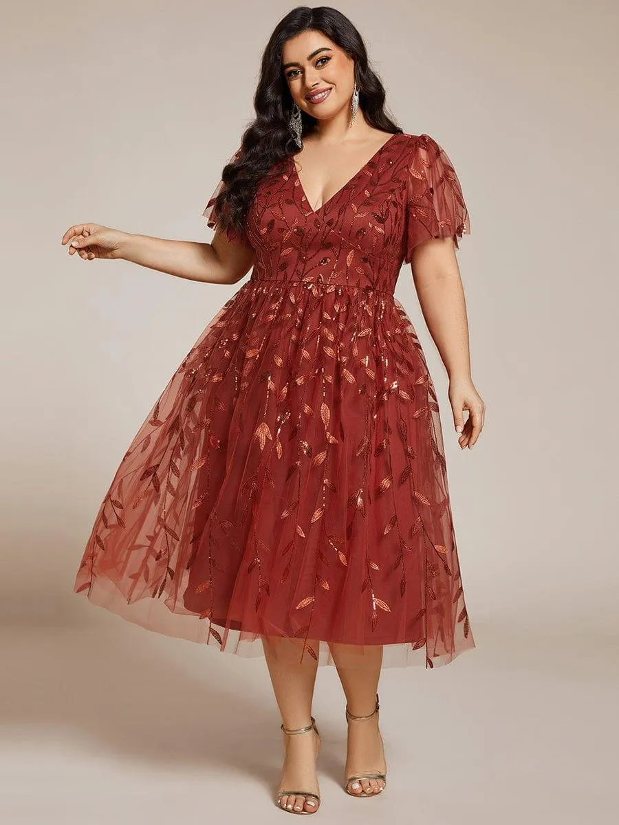 Robe d'invité de mariage formelle en tulle mi-longue scintillante de grande taille avec paillettes de feuilles