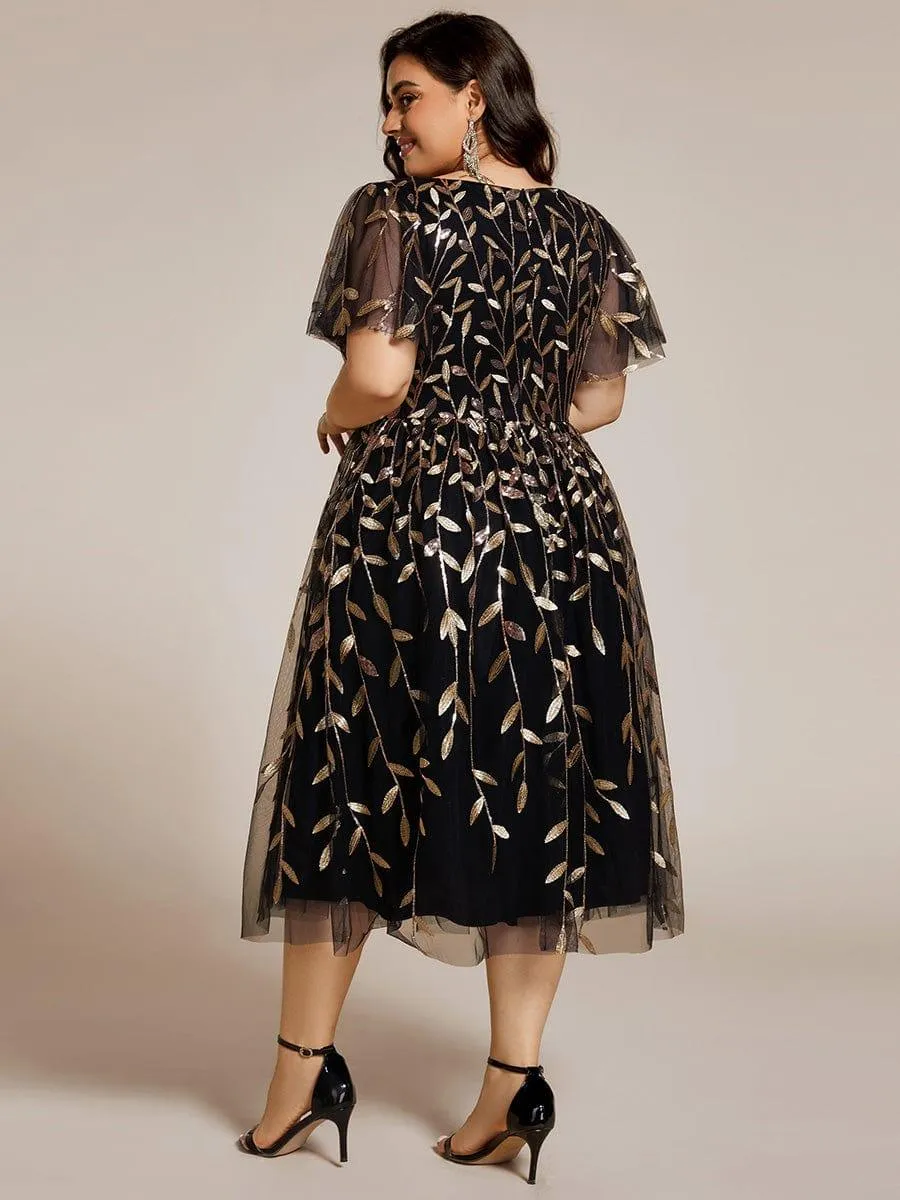 Robe d'invité de mariage formelle en tulle mi-longue scintillante de grande taille avec paillettes de feuilles