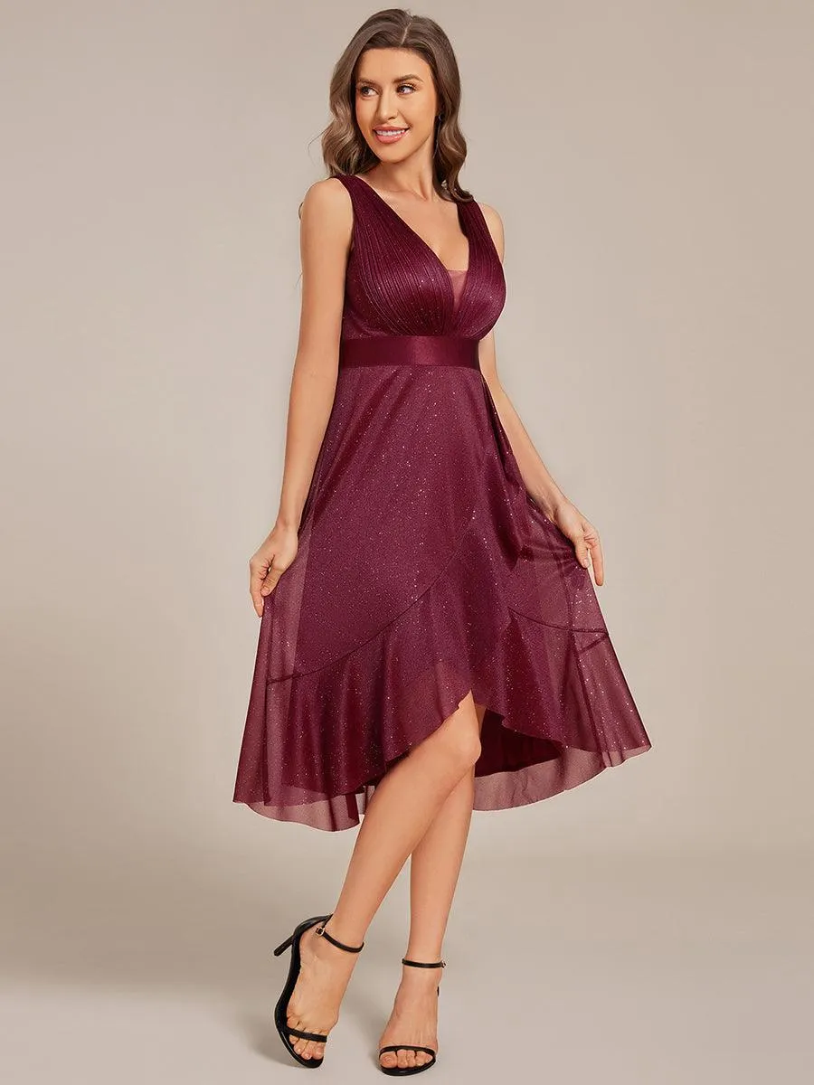 Robe d'invitée de mariage mi-longue à paillettes sans manches et col en V