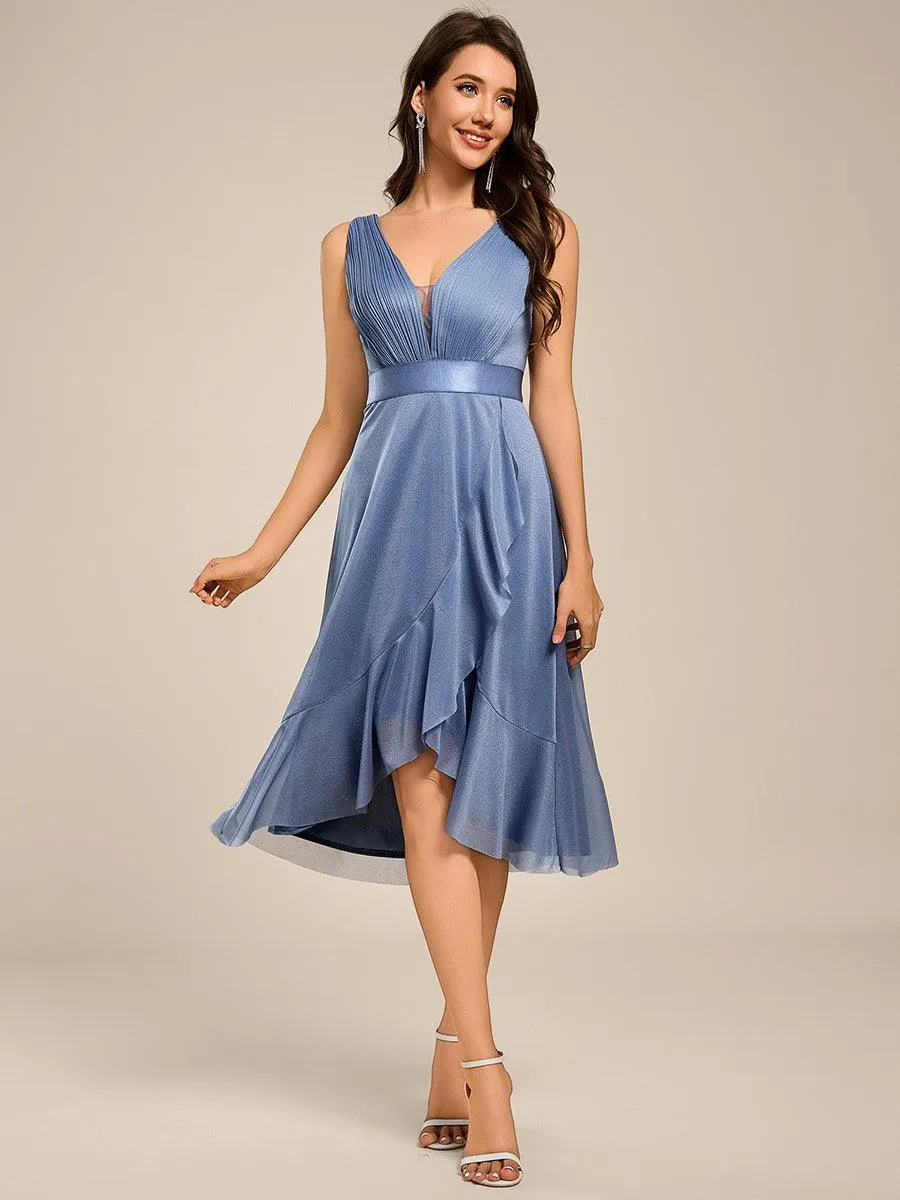 Robe d'invitée de mariage mi-longue à paillettes sans manches et col en V