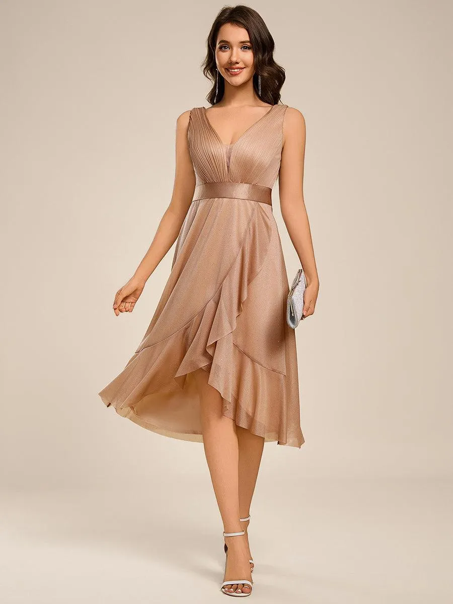 Robe d'invitée de mariage mi-longue à paillettes sans manches et col en V