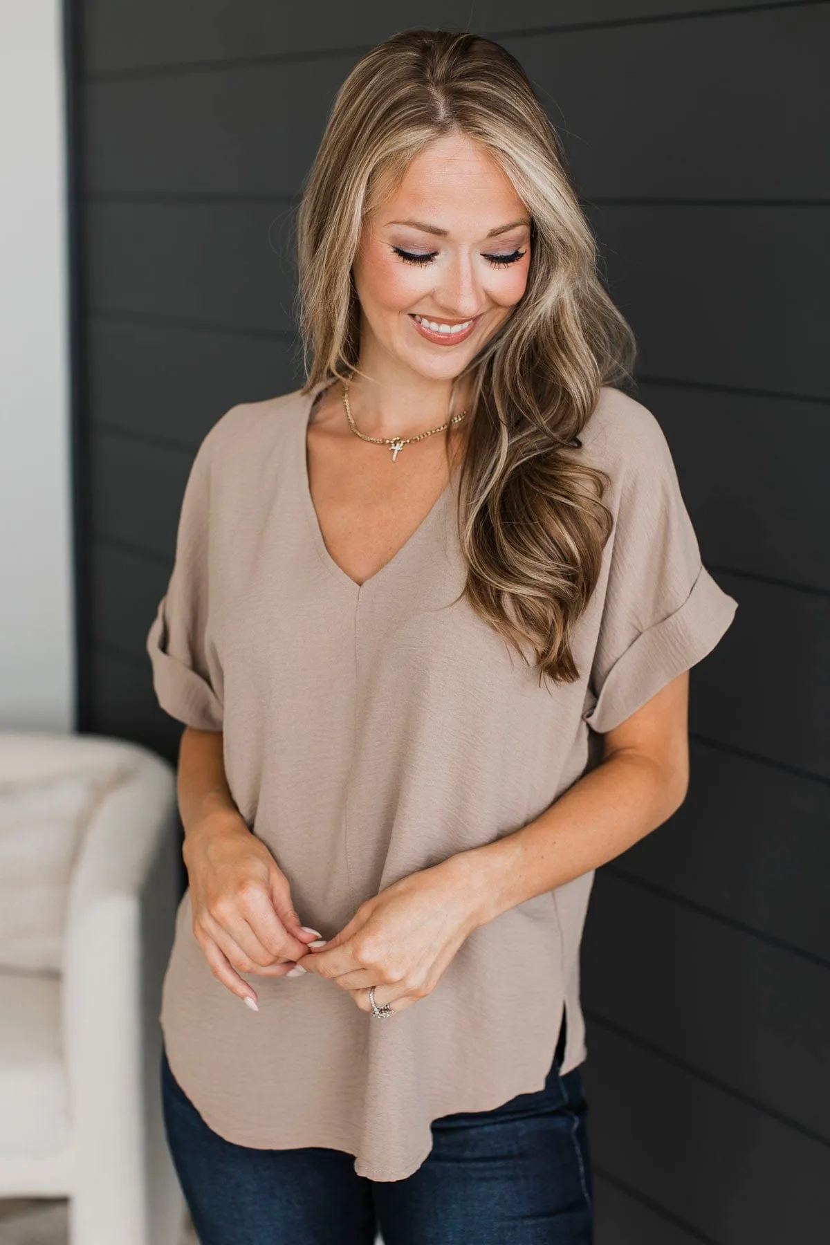 Room To Breathe V-Neck Top- Light Mocha